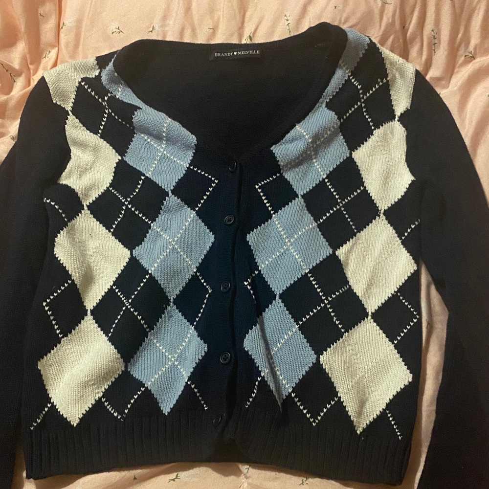 Brandy Melville Navy and Cream Argyle Cardigan